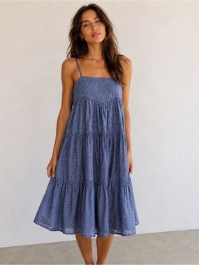 Anthropologie DRA Los Angeles Chambray Blue 100% Cotton Tiered Sun Dress XS